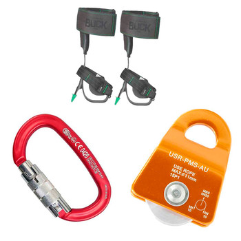 Red, Black Ovalone Carabiner Kit With Orange Aluminum Pulley And Steel Tree Climber Spikes