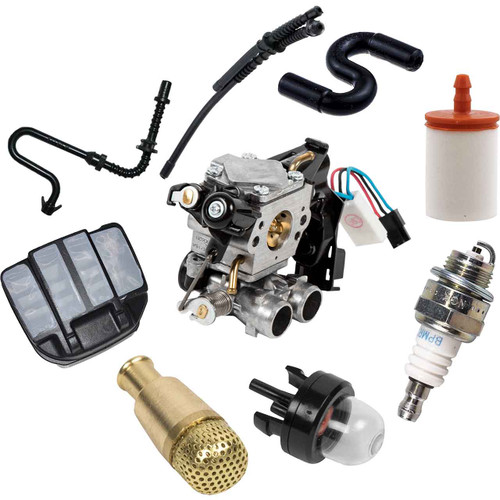 HUSQ 565 COMPLETE CARBURETOR AIR-OIL-FUEL FILTERS SPARK PLUG FUEL LINES PRIMER BULB KIT OEM