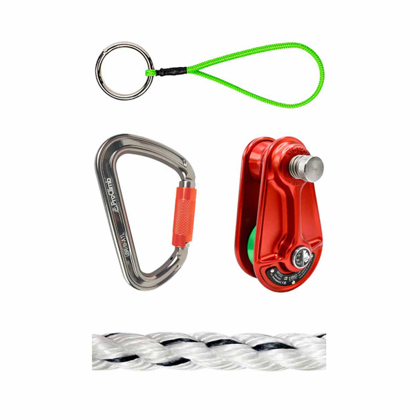 White, Black Rig Rope And Straps Kit With ALUMINUM CARABINERS And Compact Rigging Block Kit