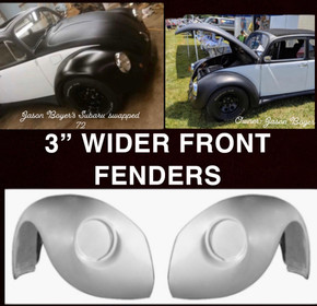 F603W  1949-1977 VW Beetle NON-FLARED 3" Wider Than Stock Front Fenders, Indentions are for 12 Volt Headlight Size-PAIR 3" WIDER