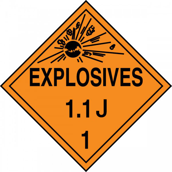 DOT Explosives Placards, Class 1.1 w/ Compatibility Group Letter
