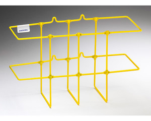 Photograph of the yellow Collapsible PVC Coated Steel Wire 3-Ring Binder Rack in the deployed state.