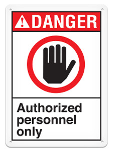 Drawing of red, white, and black danger authorized personnel only sign with graphic.