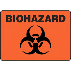 An image of a bright orange sign with a black "BIOHAZARD" header above a black biohazard symbol.