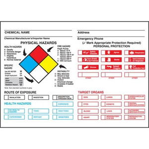Drawing of annotated NFPA label sign with personal protection, routes of protection, and target organs.