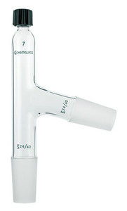 A photograph of a CG-1027-01 distillation adapter with a #7 Chem-Thread at the top and 24/40 joints on the side and bottom.