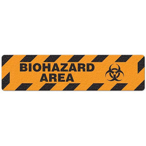 Photograph of an anti-slip floor safety sign reading "Biohazard Area" in black on an orange background.  Includes a graphic of a black biohazard symbol.