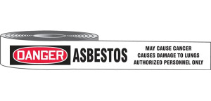 Image of a roll of OSHA Barricade Tape.  Danger is written in white lettering on a red and black background.  Asbestos is printed in bold capital letters.  "May Cause Cancer. Causes Damage to Lungs. Authorized Personnel Only." is printed in smaller capital letters.