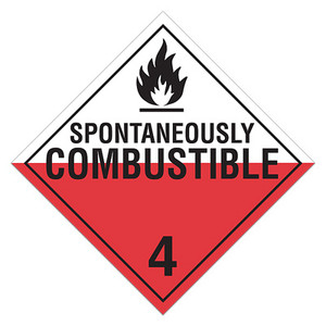 A red and white photograph of a 03110 class 4 dot hazardous material placards, reading spontaneously combustible 4 with graphic.