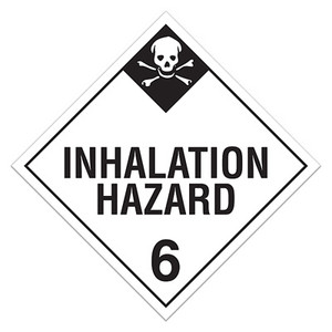 A white and black photograph of a 03118 class 6 dot hazardous material placards, reading inhalation hazard 6 with graphic.