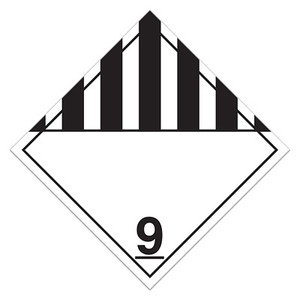A photograph of a 03121 class 9 dot hazardous material placards, for miscellaneous hazardous material with black and white stripes.