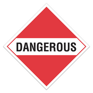 A red and white photograph of a 03122 dot hazardous material placards for mixed loads, reading dangerous.