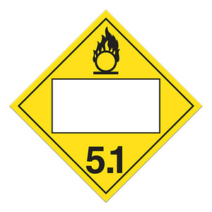 A yellow and white photograph of a 03148 4 digit blank class 5 dot placards, with oxidizer graphic.