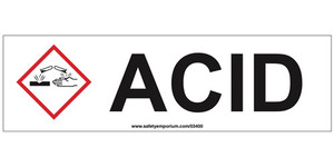 A drawing of a white acid cabinet label with a GHS corrosive pictogram and the word ACID in black text.