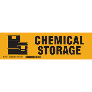 A orange and yellow photograph of a 03404 chemical storage cabinet label with graphic.