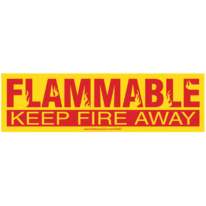 A drawing of a red on yellow 03407 flammable keep fire away cabinet label.