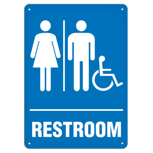 A photograph of a 03450 restroom sign.  A white pictograph of the internationally-recognized wheelchair, male and female  pictograms are above the word "RESTROOM" all in white on a blue background.