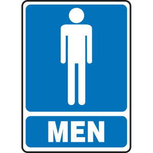 A photograph of a 03457 restroom sign.  The sign has a graphic of man above the word MEN, both in white on a blue background.