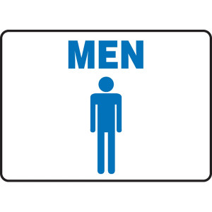 A photograph of a 0366 restroom sign.  The sign has a graphic of man below the word MEN, both in blue on a white background.