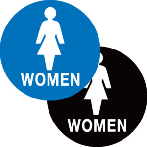 An image of two California Title 24 ADA Women's Rest Room Signs, one with a blue background and the other with a black background.