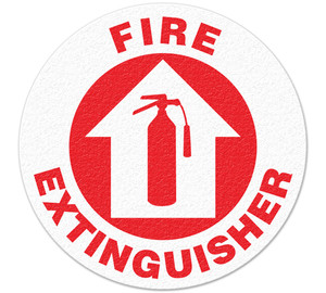 A red and white photograph of a 05208 anti-slip safety floor markers, reading fire extinguisher, with arrow graphic.