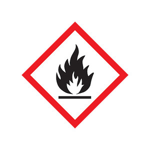 A red and white photograph of a 03600 GHS flame pictogram label.