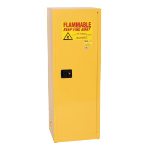 A photograph of a yellow 02007 eagle space saver flammable liquid safety cabinets, with 24 gallon capacity and door closed.