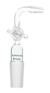 A photograph of a CG-1028-01 90-degree flow control adapter with a 24/40 inner joint.