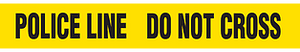 A drawing of an unrolled section of tape reading POLIC LINE DO NOT CROSS in black on yellow.