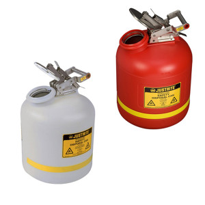 A photograph of a 02130 justrite disposal safety cans, polyethylene, 5 gallon, red or white.