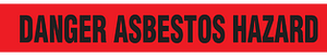 A drawing of an unrolled section of barricade tape reading "DANGER ASBESTOS HAZARD" in black on red.