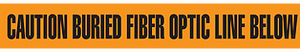 A photograph of orange 05334 utility grade barricade tapes, reading caution buried fiber optic line below, with 6 or 12 rolls/case.