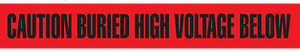 A photograph of red 05335 utility grade barricade tapes, reading caution buried high voltage below, with 6 or 12 rolls/case.