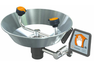 A photograph of a guardian g1814 eyewash, wall mounted, stainless steel bowl.
