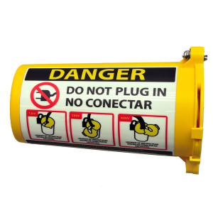 A photograph of a yellow 07010 zing recyclockout™ large electrical plug lockout device.