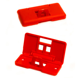 A photograph of a red 07018 zing side hinge wall light switch lockout in both locked and unlocked positions.