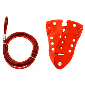 A photograph of a red 07022 zing 7-hole cable lockout with 6 or 9 foot cable.