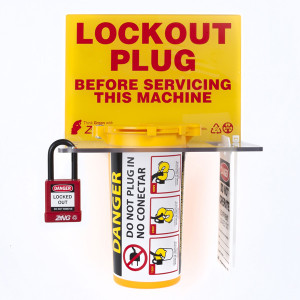 A photograph of a yellow 07013 zing recyclockout™ plug lockout tagout station, with electric plug lockout device, and red insulated safety padlock.