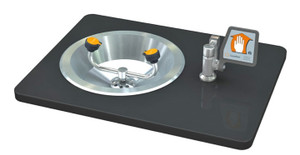 A photograph of a Guardian G1808 Eyewash, Recess Deck Mounted, Ball Valve with Flag Handle mounted in a countertop (countertop not included).