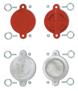 A photograph of front and back of red and silver 09204 2.5" aluminum FDC and hydrant break caps.