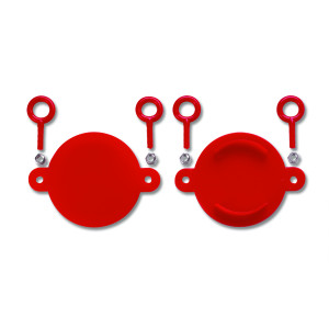 A photograph of front and back of red 09207 2.5" plastic break cap for FDC and hydrant connections.