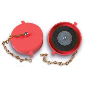 A photograph of a red 09209 universal 2.5" red plastic cap and chain for hydrant threads.