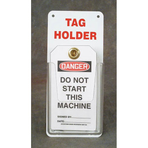 A photograph of a 07076 clear plastic tag holder filled with plastic tags (not included).  The clear plastic pocket is attached to 9"H x 4"W rigid aluminum back. "TAG HOLDER" is printed in bold red lettering at the top of the white backing to clearly identify the contents.

.