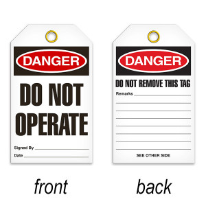 A photograph of a 07077 tag, reading danger do not operate on front, and do not remove this tag on back, with 25 per package.