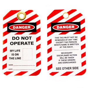 A photograph of a red and white 07090 self-laminating lockout photo tags, with laminate lining still in place,  and 10 per package.