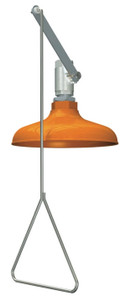 A photograph of a Guardian G1635 vertically mounted emergency shower with an orange shower head.