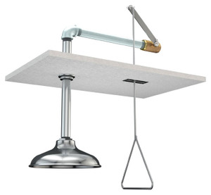 A photograph of a Guardian G1658 Emergency Shower, Semi-Concealed, Stainless Steel Shower Head and Pipe installed in a ceiling panel (panel is not supplied).