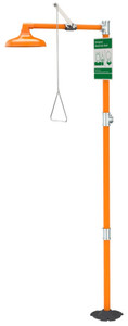 A photograph of an orange G1662 free-standing emergency shower.