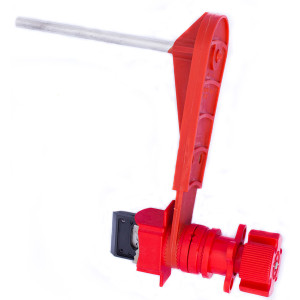 A photograph of front of a red 07140 zing universal valve lockout with large or small blocking arm.