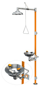 A photograph of a Guardian G1996 safety station with an inset photo of the eye/face wash component.